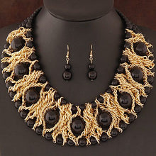 Gorgeous Statement Gold Black Braided Metal Chain Necklace Set