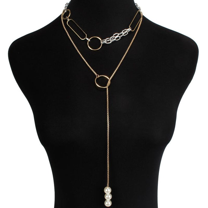 Gold Layered Pearl Choker Long Circle Adjustable 2 Necklace Set