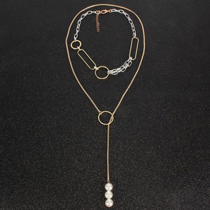 Gold Layered Pearl Choker Long Circle Adjustable 2 Necklace Set