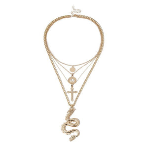 HOT Celeb Statement Gold Chain Layered Dragon Cross Necklace