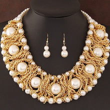 Gorgeous Statement Gold Pearl Braided Metal Chain Necklace Set