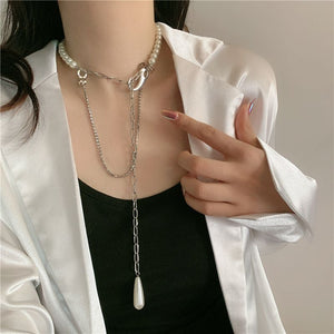 Silver Layered Pearl Choker Long Adjustable Crystal Necklace