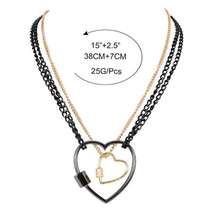 Statement Gold Layered Black Charcoal Chain Heart 2 Necklace Set