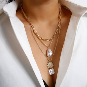 HOT Celeb Statement Gold Chain Layered Lightweight Pearl Necklace