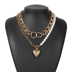 Statement Gold Chain Layered Pearl Heart Necklace