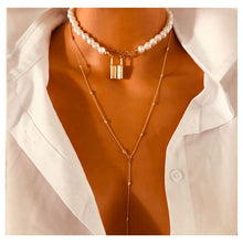 Gold Layered Pearl Lock Choker Long Adjustable Necklace Set