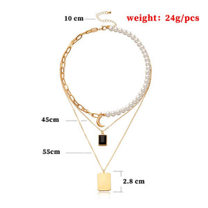 HOT Celeb Gold Chain Layered Pearl Metal Charm Choker Necklace