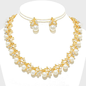 Sophisticated Gold White Pearl Glam Collar Cocktail Necklace Set