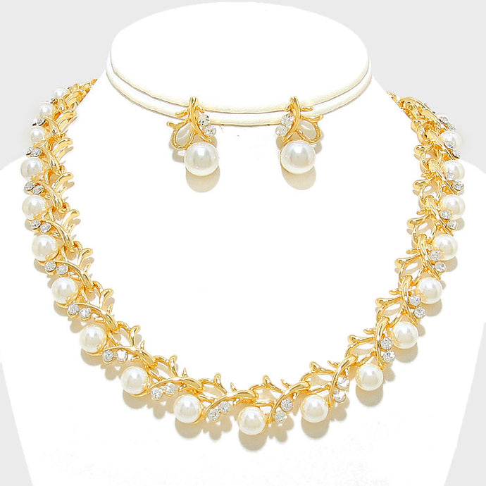 Sophisticated Gold White Pearl Glam Collar Cocktail Necklace Set