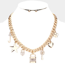 Gorgeous Statement Gold Crystal Lucky Charm Lock Curb Necklace Set