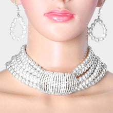 STATEMENT GLAM Silver White Pearl Crystal Bar Choker Necklace Set