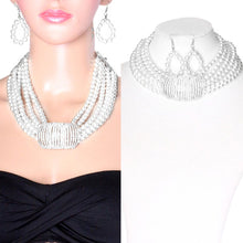STATEMENT GLAM Silver White Pearl Crystal Bar Choker Necklace Set