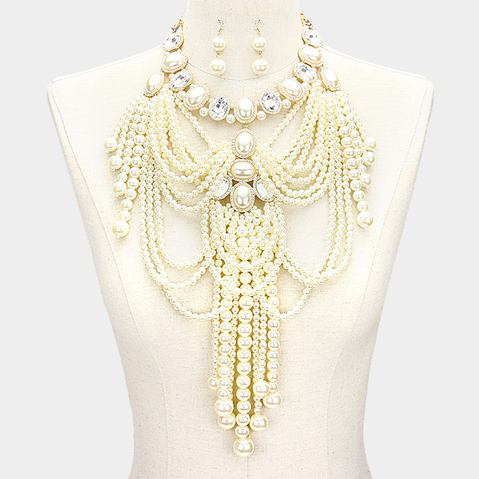 LUXE Fabulous Statement Gold Crystal & Pearl Bib Necklace Set
