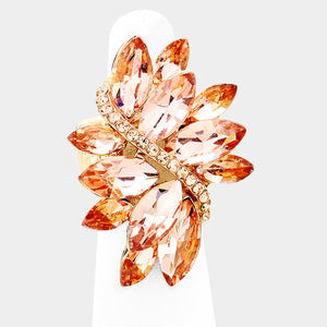 GLAM Huge 1.5" Gold Peach Crystal Stretch Cocktail Ring
