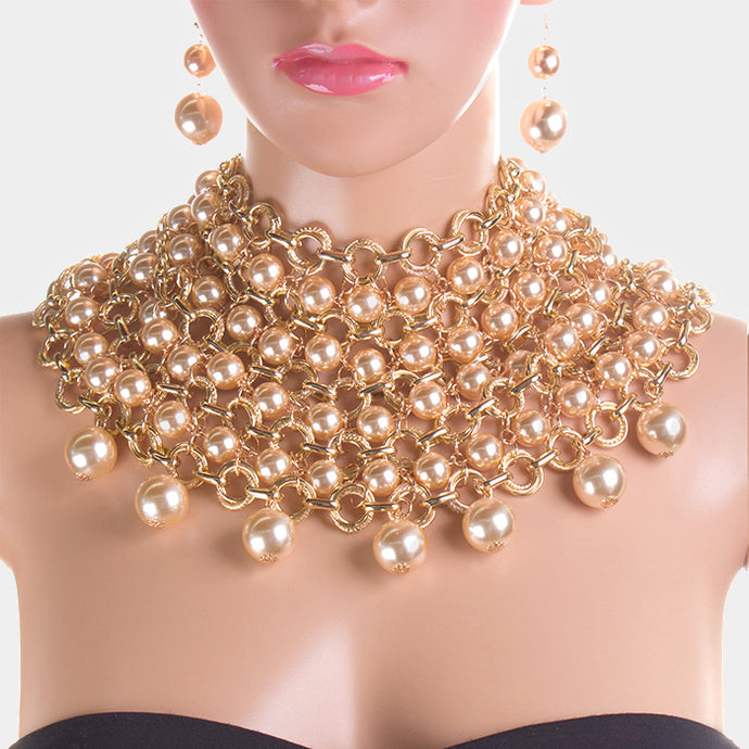LUXE Fabulous Statement Gold Cream Pearl Bib Collar Necklace Set