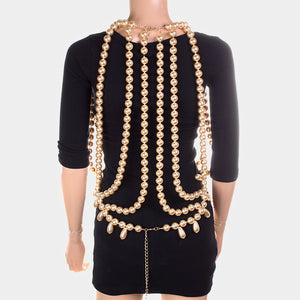 COUTURE Gold Cream Front & Back Pearl Necklace Ultimate Body Chain