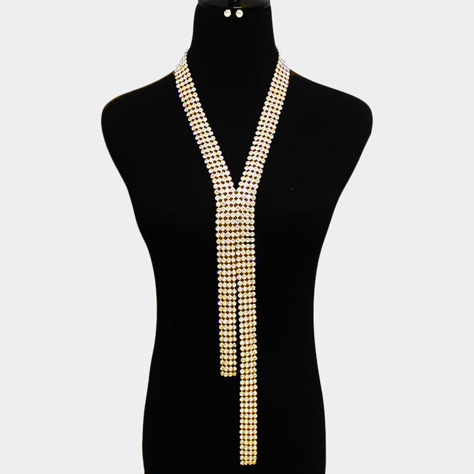 Statement Glam Pave Crystal Gold Long Y Necklace Set