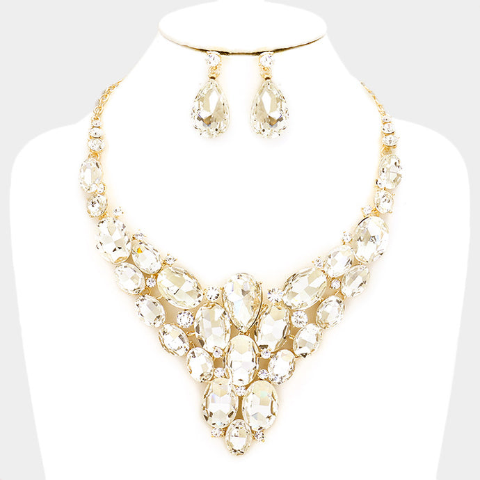 LUXE Statement Glam Gold Crystal Bib Cocktail Bridal Necklace Set