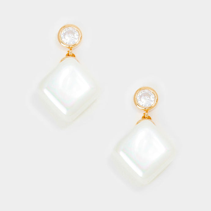 UNDERSTATED Gold CZ & Pearl Cube Cocktail Bridal Earrings