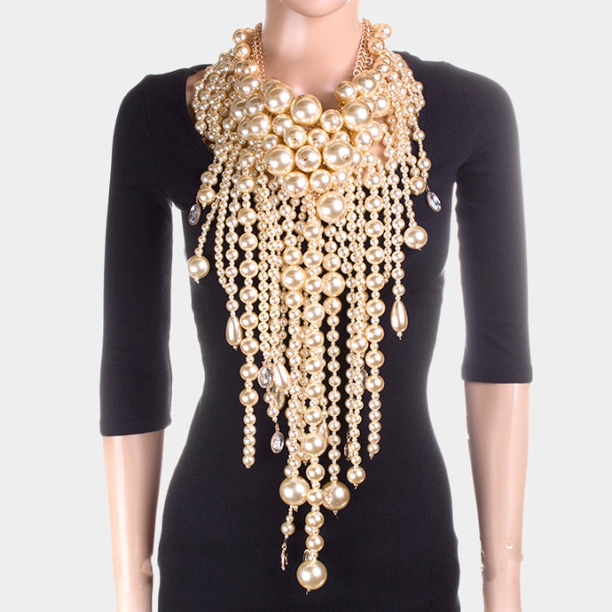 LUXE Spectacular Couture Statement Gold Pearl Collar Necklace