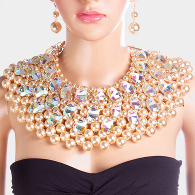 COUTURE Gold Pearl Crystal Shoulder Bib Necklace Set