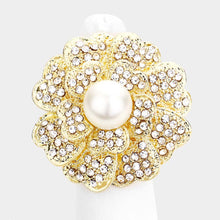 WHIMSICAL Gold Crystal Huge Pearl Stretch Flower Cocktail Ring