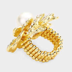 WHIMSICAL Gold Crystal Huge Pearl Stretch Flower Cocktail Ring