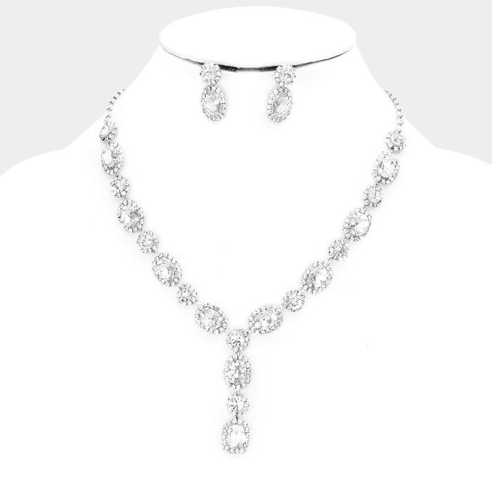 CLASSIC Gorgeous Silver Clear Crystal Cocktail Y Necklace Set