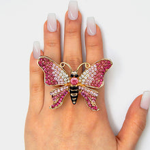HUGE Gold Pink Butterfly Crystal Stretch Cocktail Ring