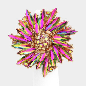HUGE Gold Vibrant Vitrail Crystal Flower Stretch Cocktail Ring