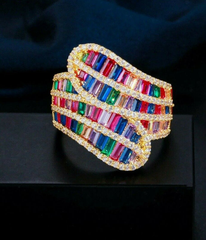 LUXE Gold Multi Coloured Rainbow CZ Adjustable Cocktail Ring