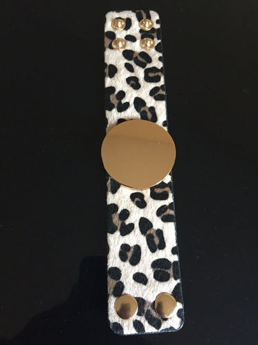 STATEMENT Gold Vegan Leather Fur Leopard Super Shine Big Disc Bracelet