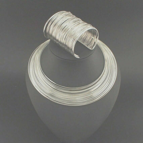 FABULOUS Silver Wire Collar Choker Necklace Big Cuff Bracelet Set