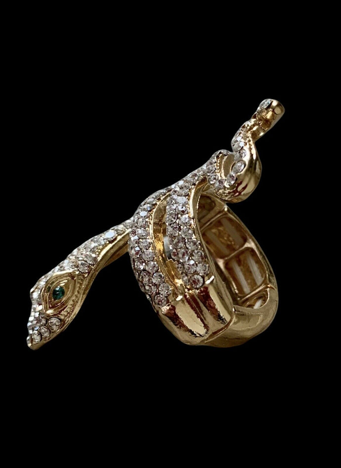 STATEMENT Snake Gold Clear Crystal STRETCH Long Cocktail Ring