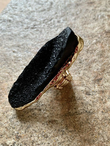 Statement Gold Black Textured Stone Stretch Long Cocktail Ring