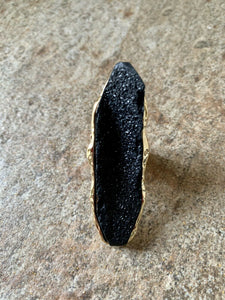 Statement Gold Black Textured Stone Stretch Long Cocktail Ring