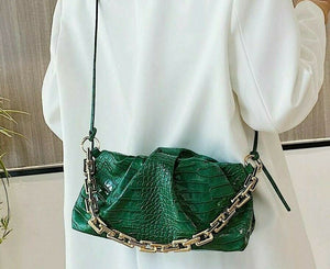 VEGAN LEATHER Green Croc Embossed Chain Ruched Clutch Kim Handbag