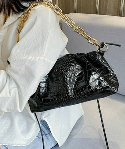 VEGAN LEATHER Black Croc Embossed Chain Ruched Clutch Kim Handbag