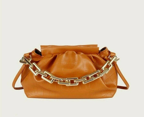 VEGAN LEATHER SMALL Tan Croc Embossed Chain Ruched Casey Handbag