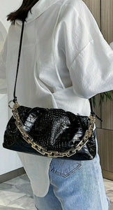 VEGAN LEATHER Tan Croc Embossed Chain Ruched Bag Kim Handbag