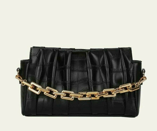 VEGAN LEATHER Black Embossed Chain Handle Ruched Bag Nell Handbag