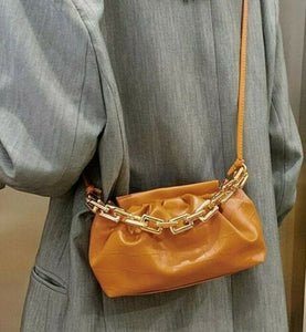 VEGAN LEATHER SMALL Tan Croc Embossed Chain Ruched Casey Handbag