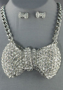 Statement Chunky huge 4" Silver Crystal Bow Tie Necklace Set