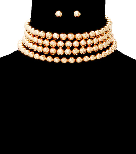 Statement Gold 4 Row Bead Wide Choker Necklace Set