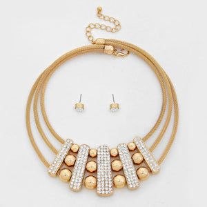 Statement Gold Mesh Pave Crystal Bar Collar Necklace Set