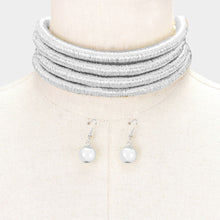 Silver 4 Layers Sparkling Metallic Cord Choker Necklace Set
