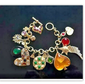 Brushed Gold Multi Coloured Crystal Heart Charm Bracelet