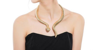 Statement Glam Gold Crystal Cuff Hinged Etched Snake Necklace