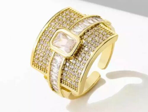 LUXE Elegant Gold Clear Pave CZ Adjustable Cuff Cocktail Ring