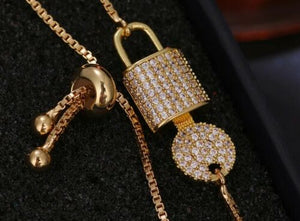 ELEGANT Gold 1" Lock & Key CZ Adjustable Slider Cinch Bracelet